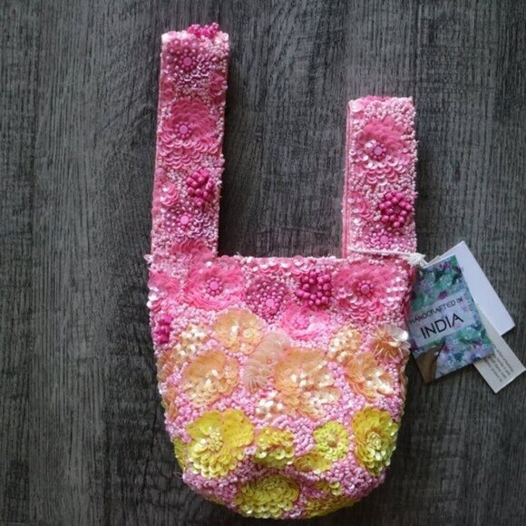 Made In India Handbags - NWT VIRAL Tiktok Made In India Sequins Beaded Mini Purse Pink Yellow Orange